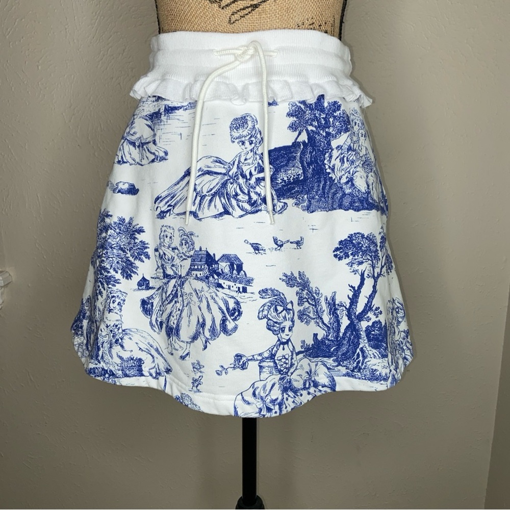 Moschino Couture Milan Mini Skirt Blue & White Toile Cotton Sweatshirt Fleece Lg